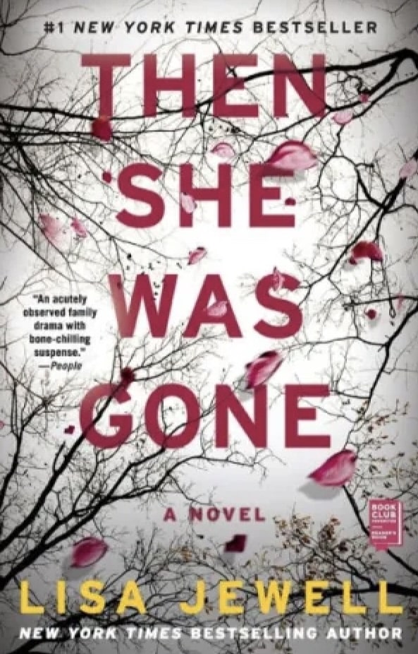 gray and red book cover with tree branches and the title "then she was gone" written in red across the front